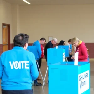 Polling place with voters casting ballots in schools.