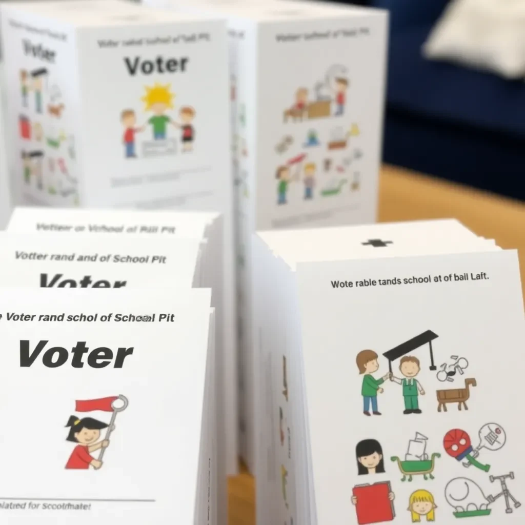 Voting ballots with school-themed imagery and diverse community symbols.