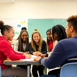 Diverse students collaborating in a supportive classroom environment.