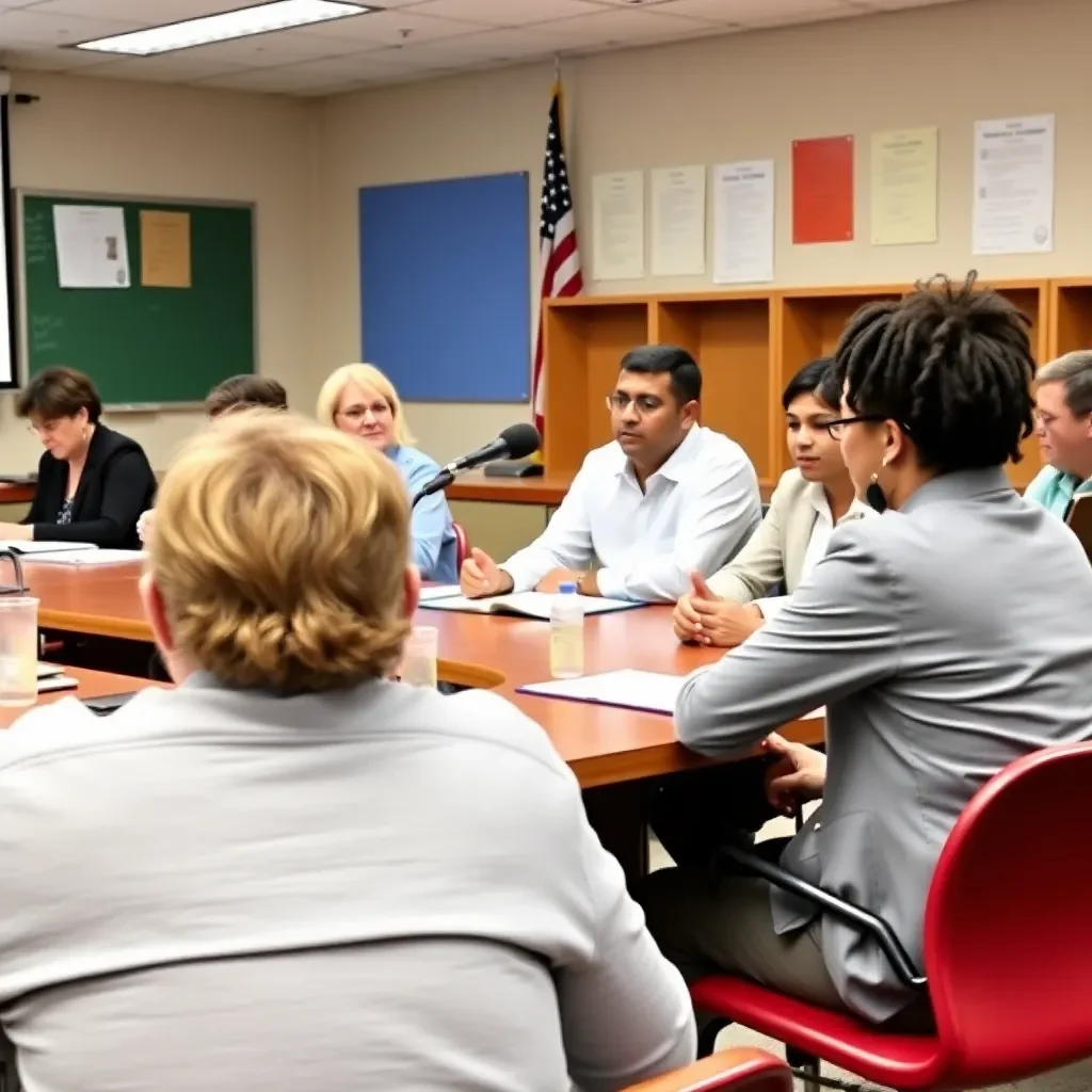 School board meeting with diverse members in discussion.