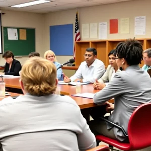 School board meeting with diverse members in discussion.