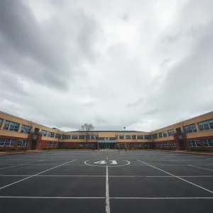 Empty schoolyard with strong winds and cloudy skies.