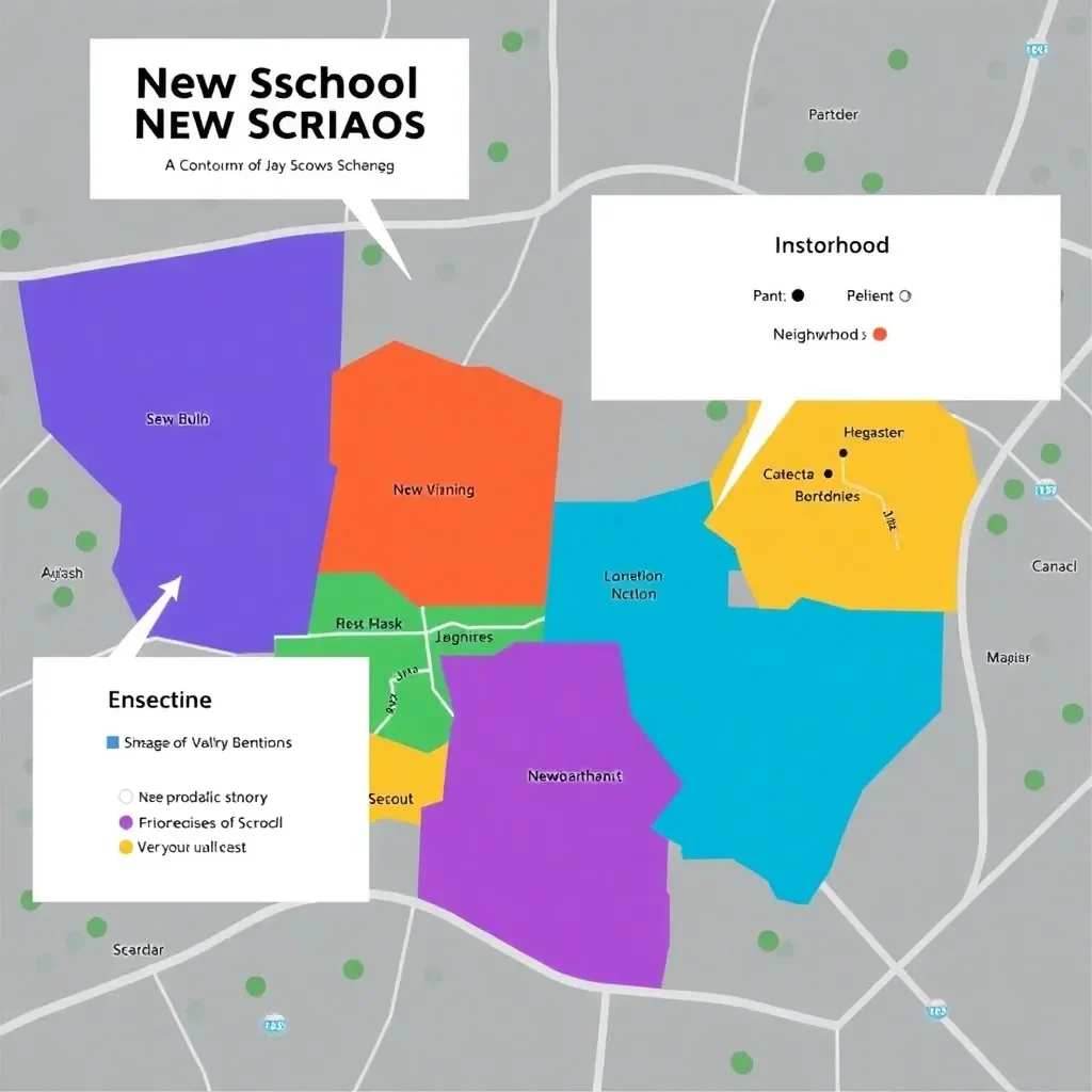 Colorful school maps showcasing new boundary lines and neighborhoods.