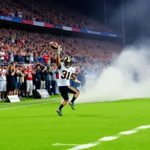 Dynamic football game moment with cheering crowd.