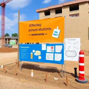 Construction site with education-themed signage and school plans.