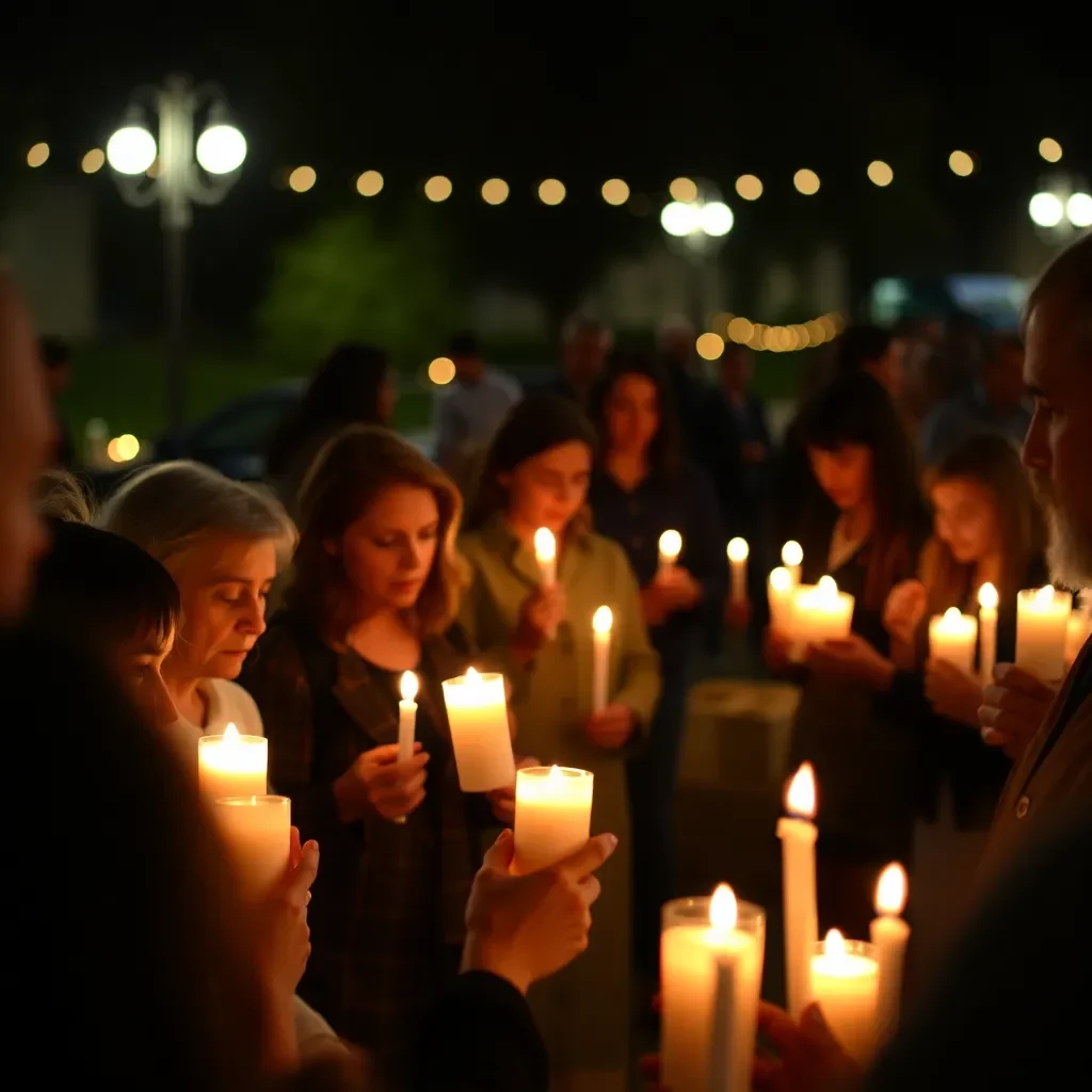 Community gathering with candles in peaceful remembrance.