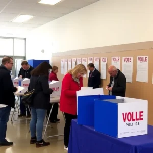 Polling place with voters casting ballots in civic engagement.