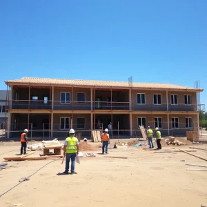 Construction site with workers assembling new school building.