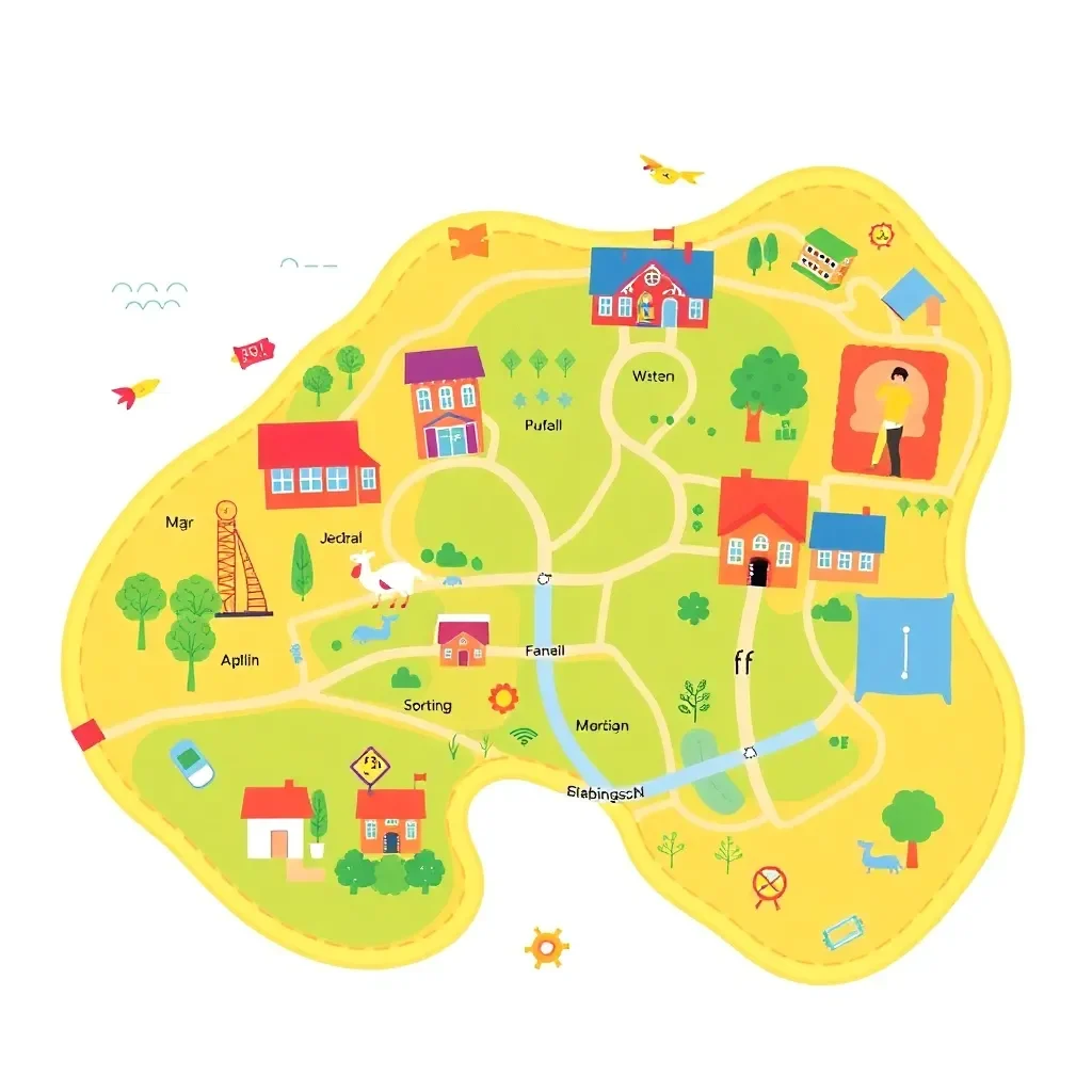 Colorful school map with boundary lines and learning theme.