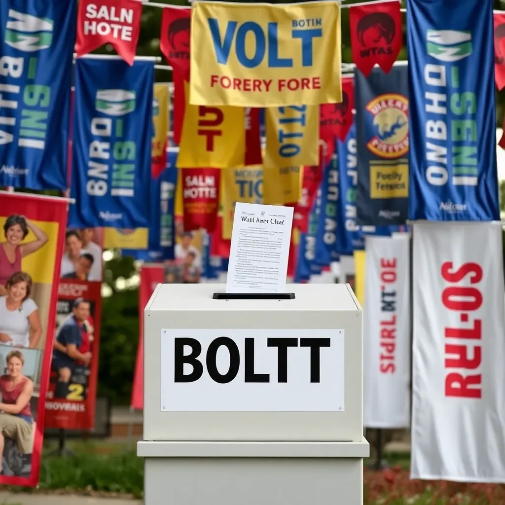 Ballot box surrounded by vibrant community banners.