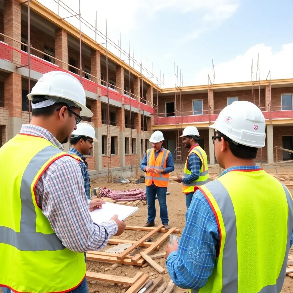 Construction workers collaborating on a new school building.