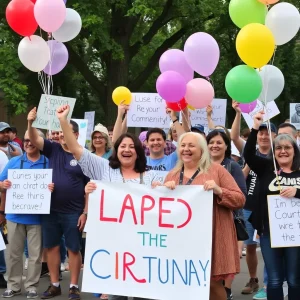 Community members celebrating with signs and balloons.