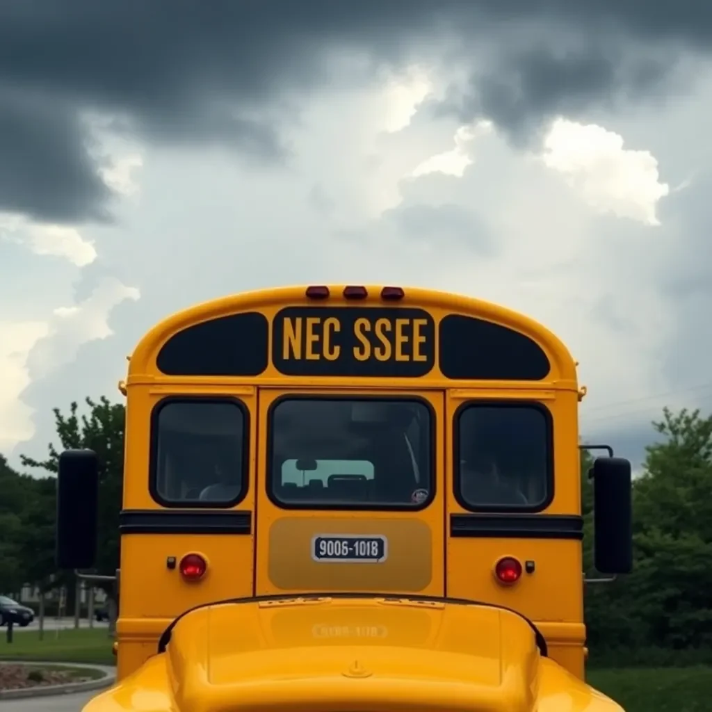 School bus with storm clouds in the background