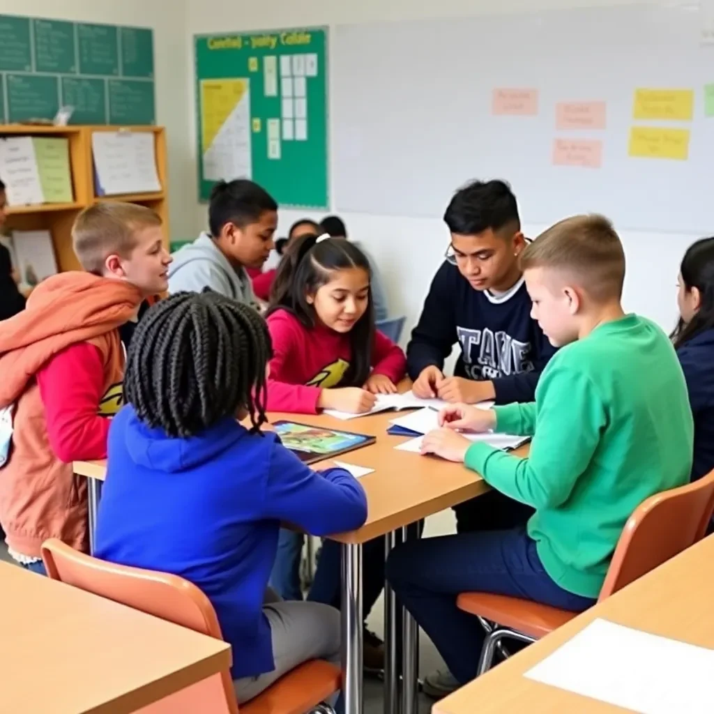 Collaborative classroom with diverse students engaging in learning activities.