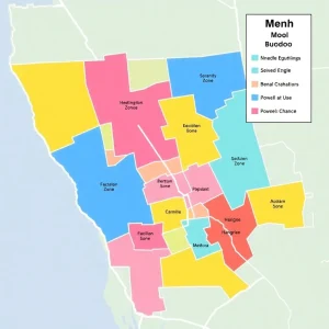 Colorful map with school zones and new boundaries marked.