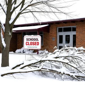 Snow-covered school building with closed sign and fallen branches.