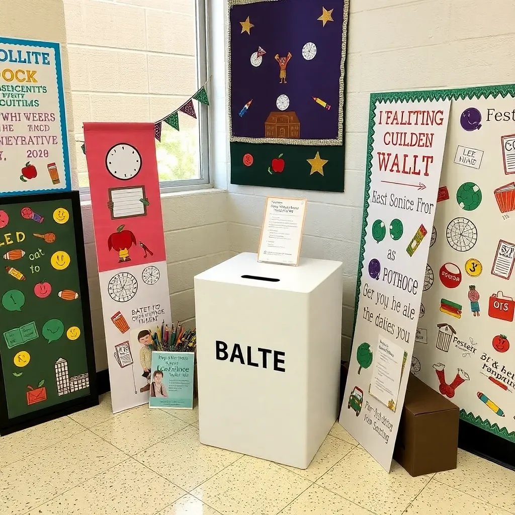 Ballot box surrounded by school-themed decorations and banners.