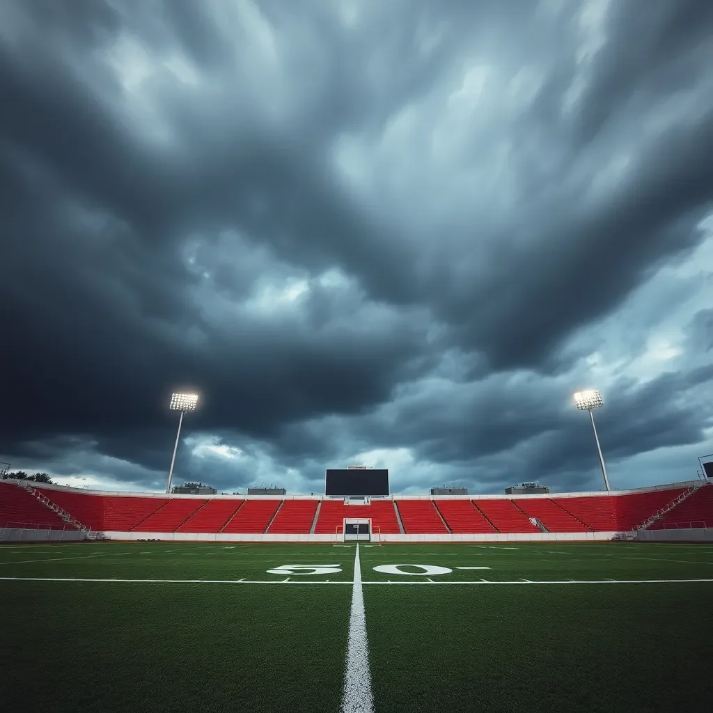 Empty football field with stormy skies overhead.