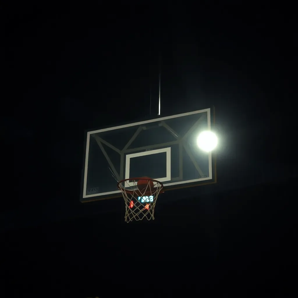 Basketball hoop under dim lights with a scoreboard displayed.