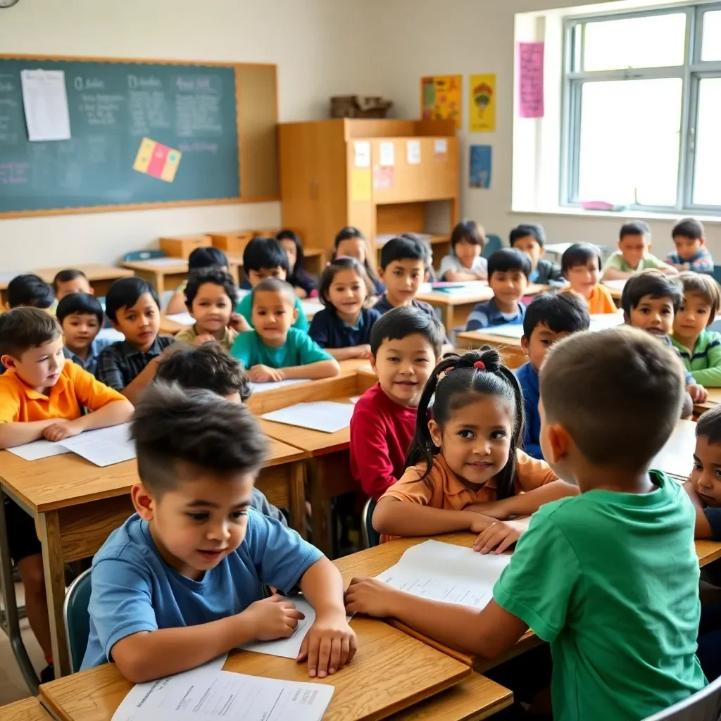 Classroom filled with diverse young students engaging in learning.