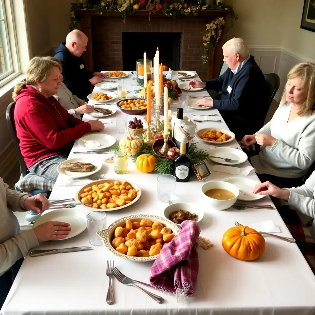 Community table filled with Thanksgiving meals and decorations.