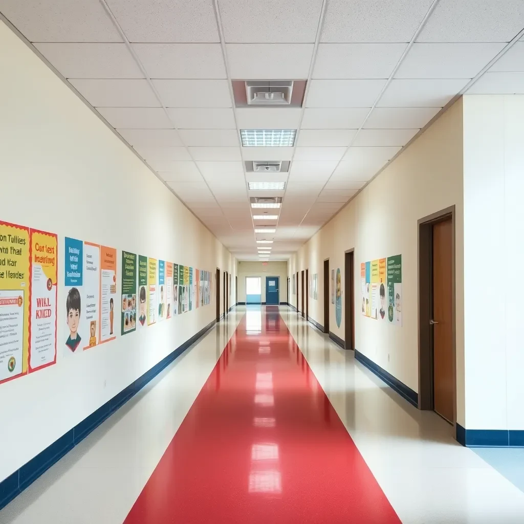 Empty school hallway with anti-bullying posters on walls.