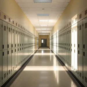 Empty school hallway with lockers, sunlight streaming in.