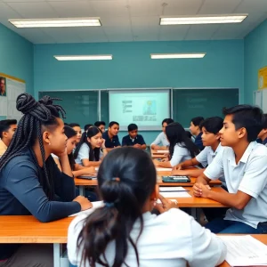 Classroom filled with diverse students engaging in collaborative learning.