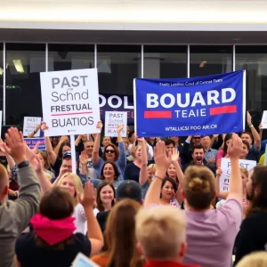 Cheering crowd with banners supporting school board elections.