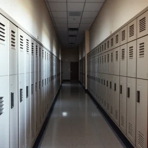 School hallway with lockers, empty and abandoned feel.