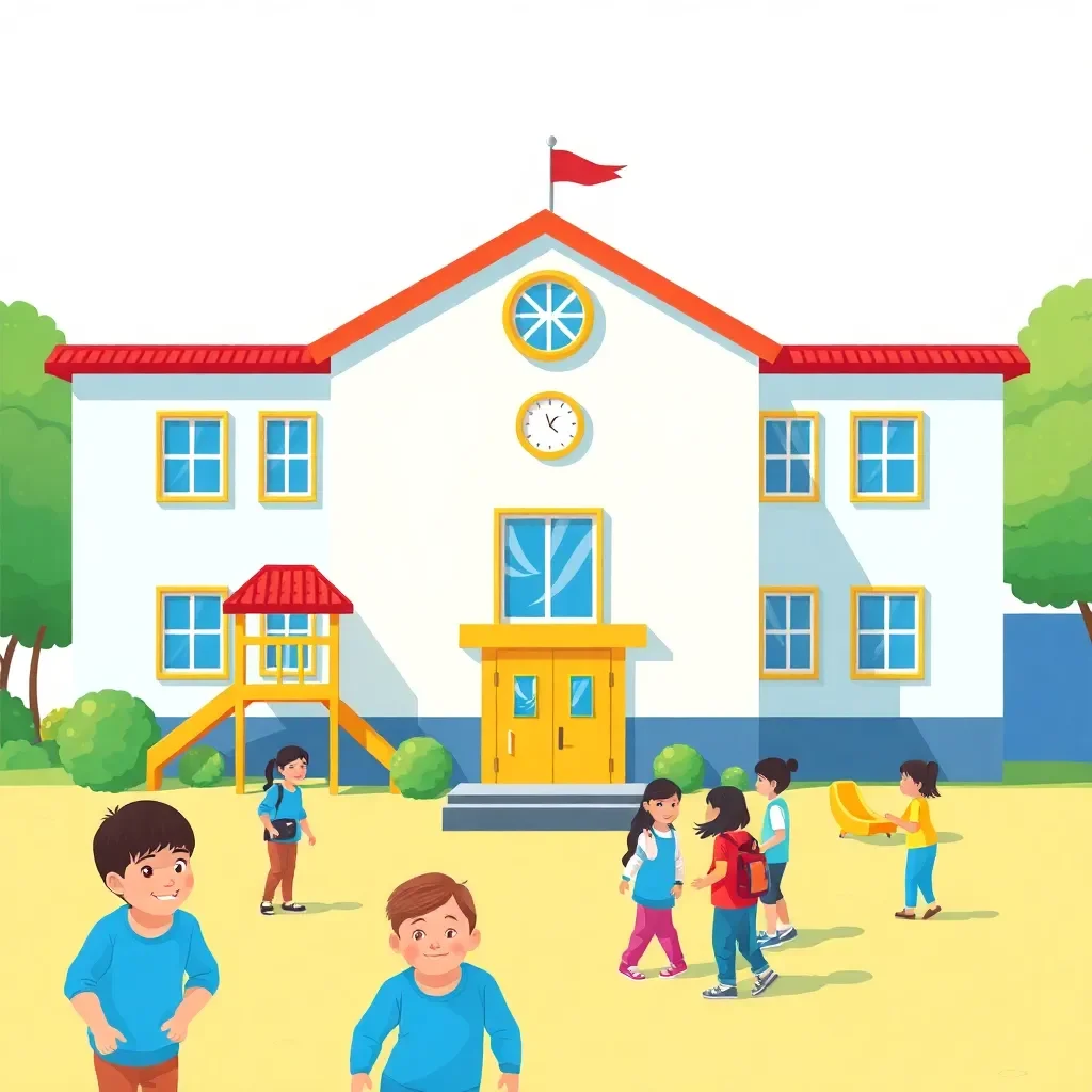 colorful school building with playground and happy students