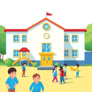 colorful school building with playground and happy students