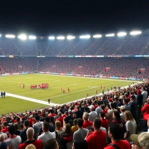 Football stadium filled with excited fans in team colors.