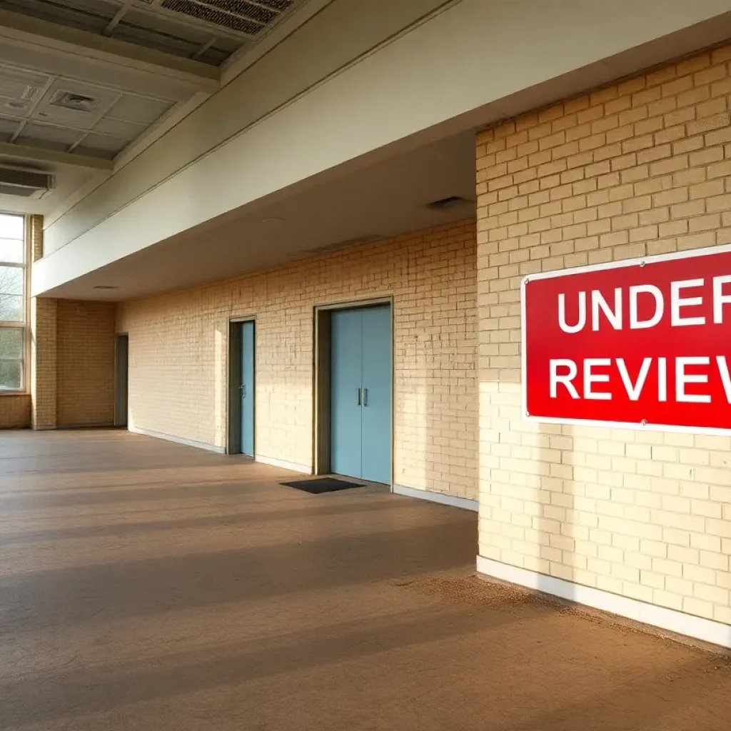 Empty psychiatric facility building with "Under Review" sign.