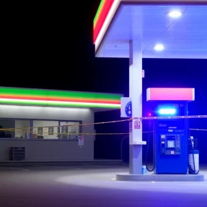 Gas station at night with police tape and flashing lights.