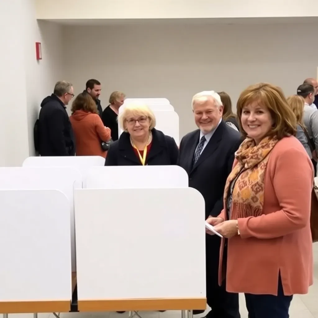 Voting booths with ballots and confident voters nearby.