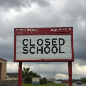 Closed school sign against stormy weather backdrop.