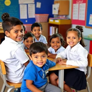 School children in a safe, welcoming classroom environment.