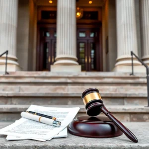 Courthouse steps with a gavel and legal documents.