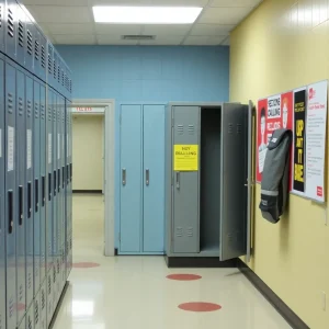 School hallway with empty lockers and anti-bullying posters.