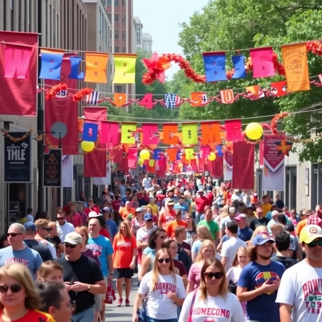 Colorful banners and decorations welcoming homecoming crowds.