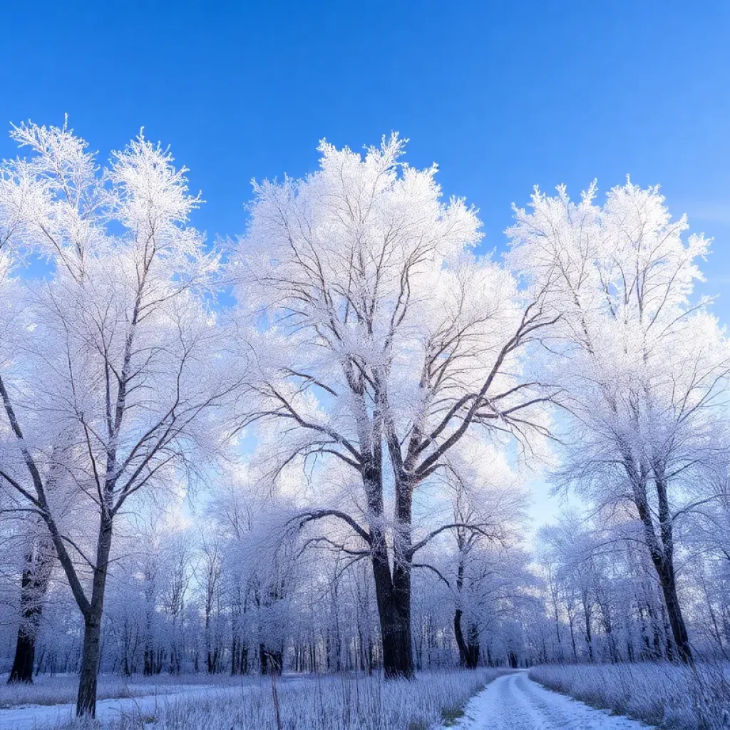 Frost-covered trees under a clear, cold sky.