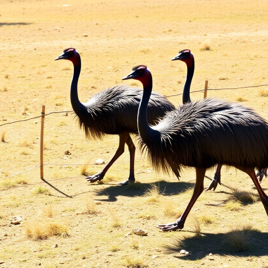 Emus wandering freely in a sunny rural landscape.