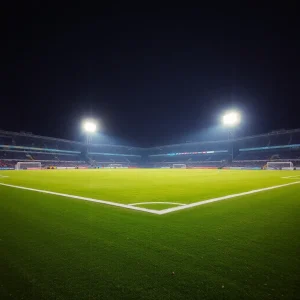 Exciting football field at night with vibrant stadium lights.