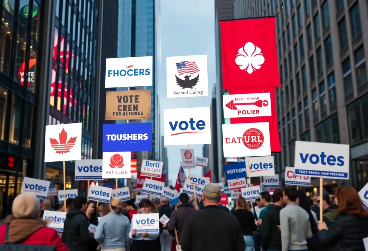 A collage of brand logos and election graphics amidst a city backdrop.