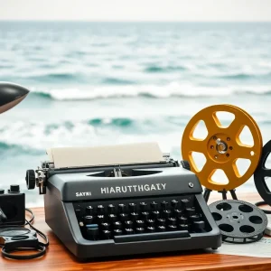 Creative workspace with typewriter and film reels.