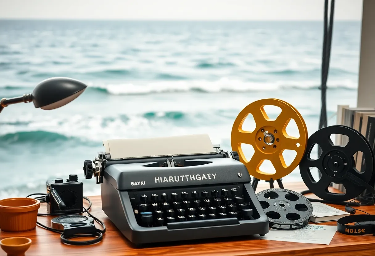 Creative workspace with typewriter and film reels.