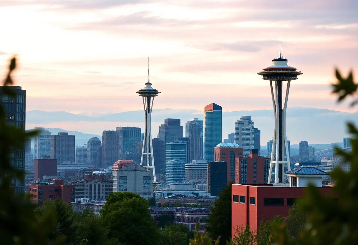 Seattle skyline with a focus on digital marketing tools.