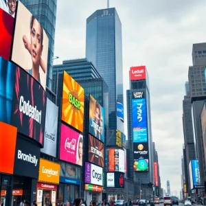 Digital billboards in a city displaying new brands through TV advertising.