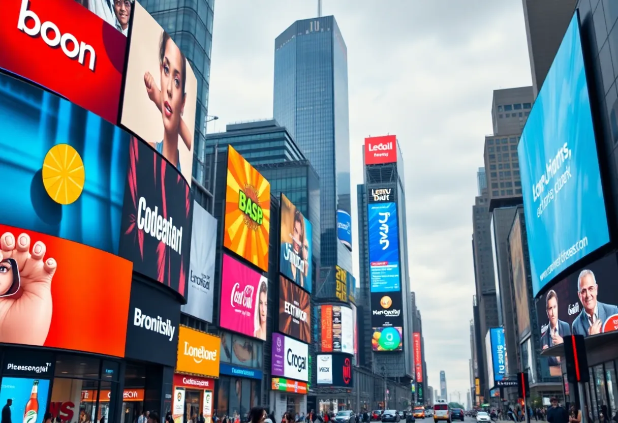 Digital billboards in a city displaying new brands through TV advertising.